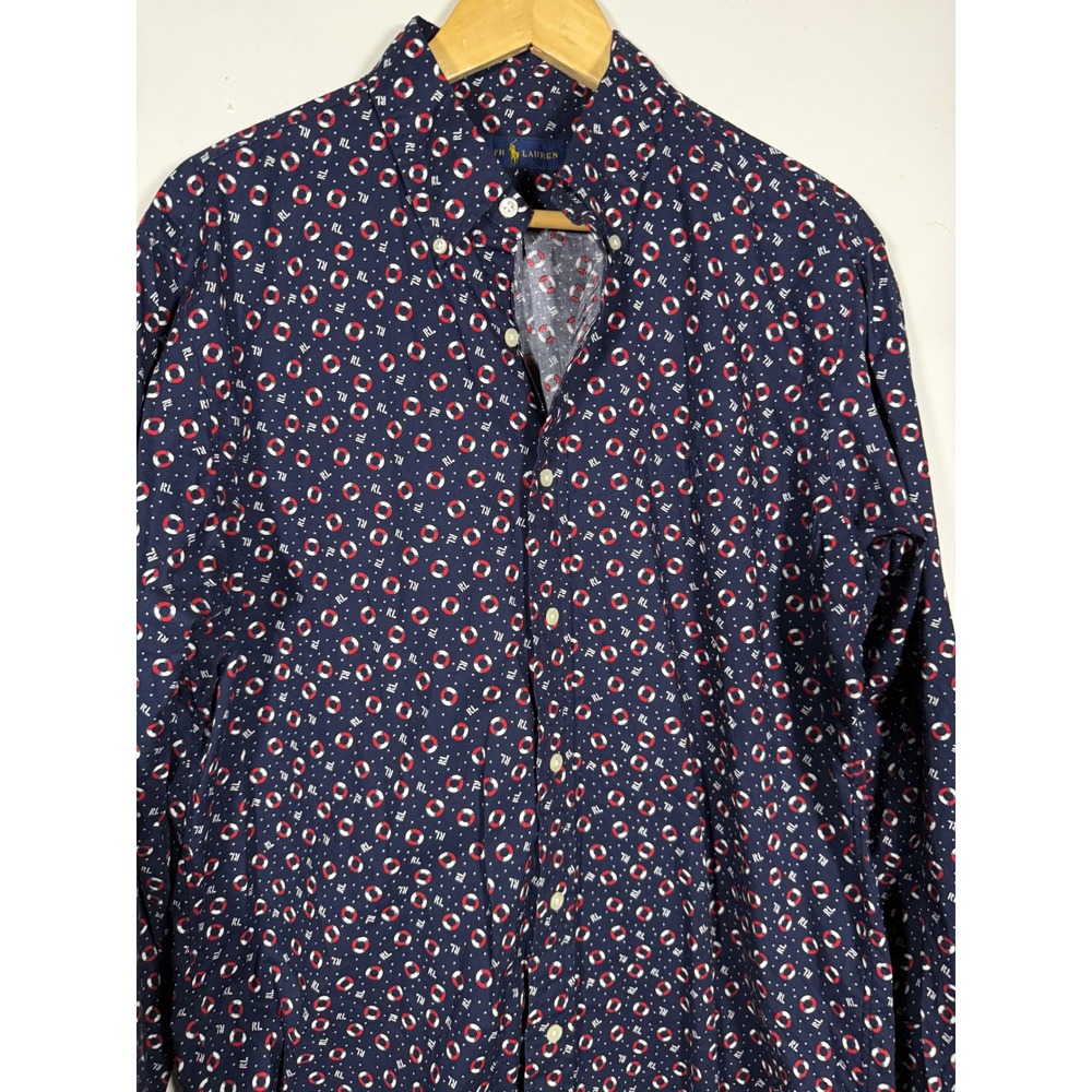 Polo Ralph Lauren Mens Navy Nautical Life Preserver Print Button Down Shirt L